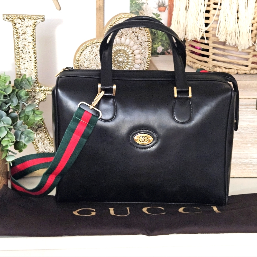EUC Gucci Vintage Leather Boston Bag with Dust Bag and Unbranded Guitar Strap